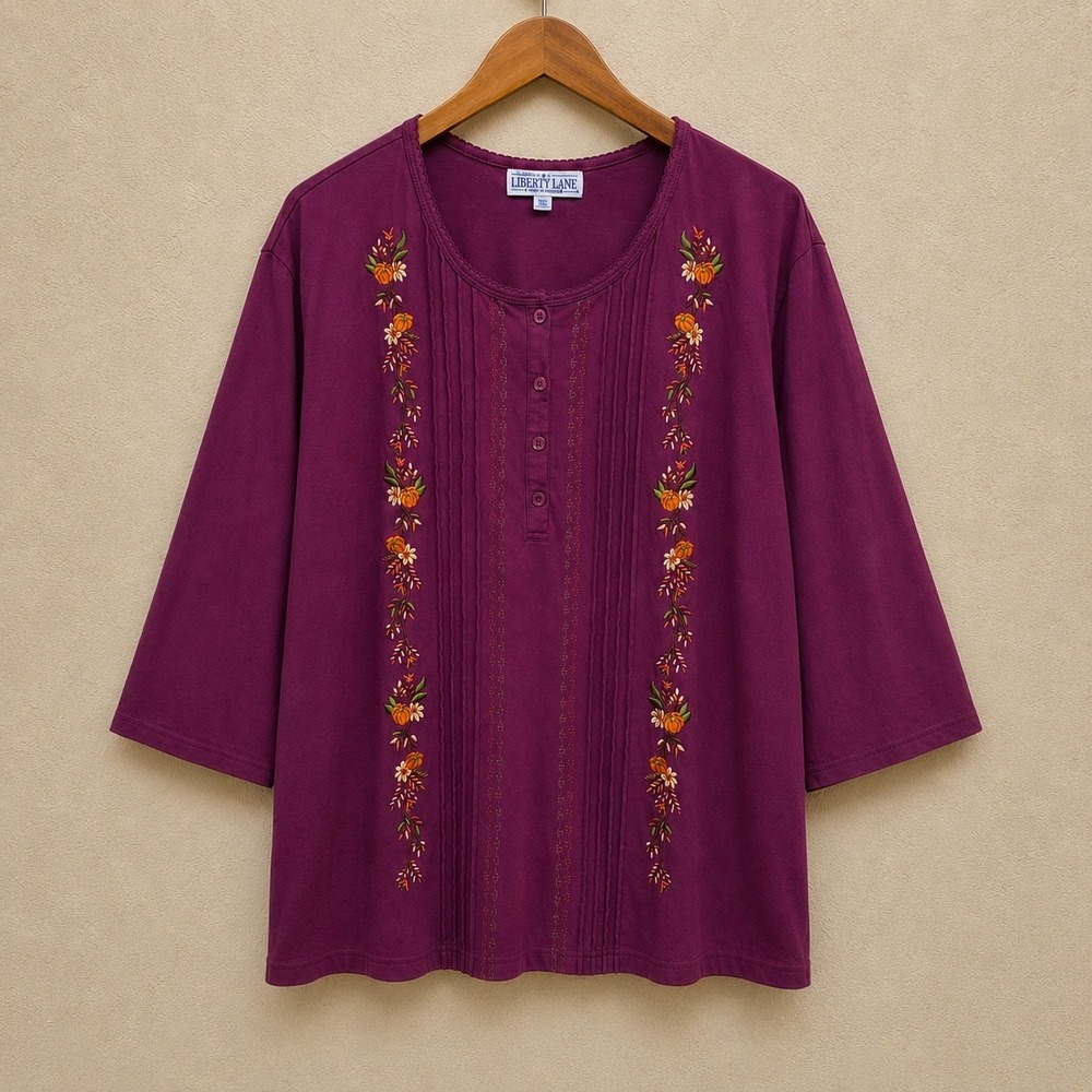 Vintage Liberty Lane 2XL Boho Embroidered Henley Blouse Cottagecore Pumpkin Fall